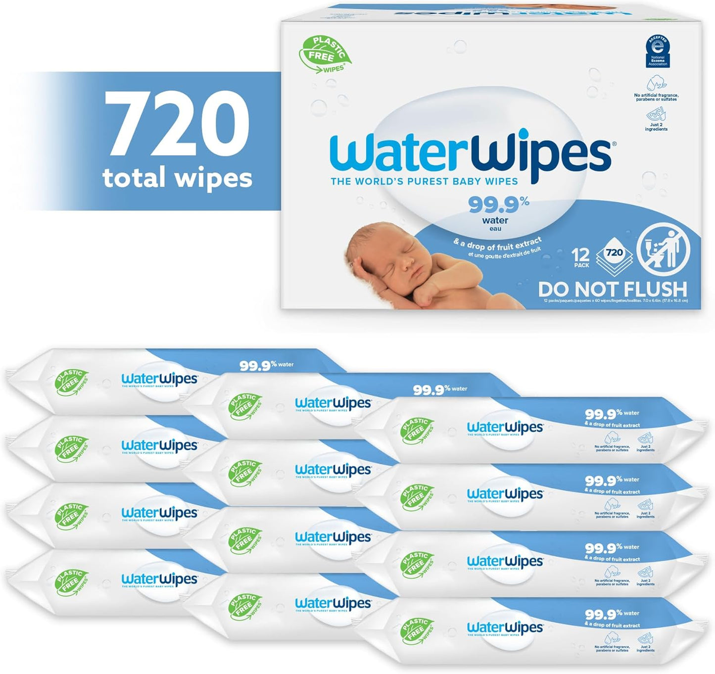 WaterWipes Plastic-Free Original Baby Wipes, 99.9% Water Based Wipes, Unscented & Hypoallergenic for Sensitive Skin, 60 Count (Pack of 12), Packaging May Vary