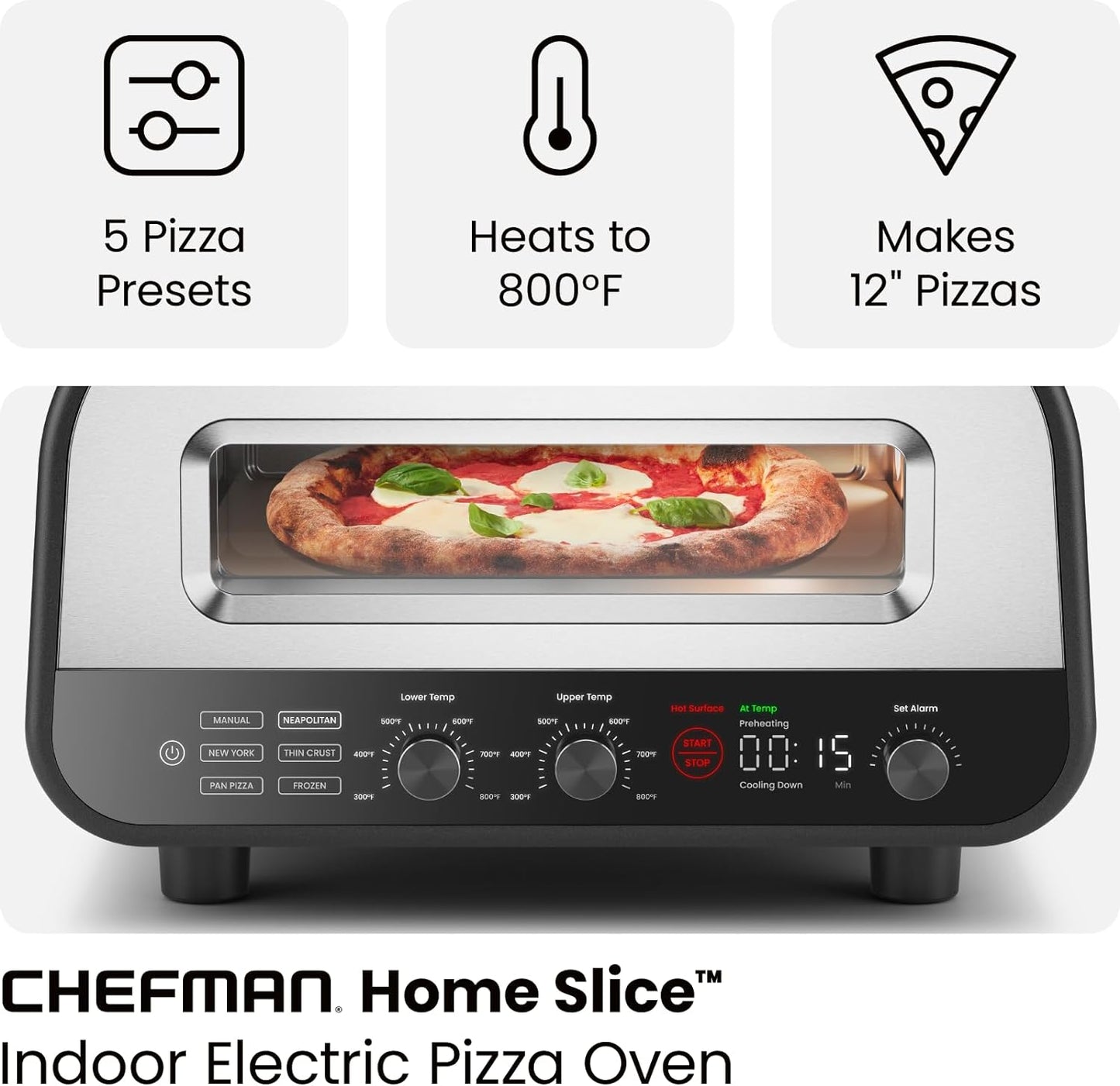 CHEFMAN Indoor Pizza Oven - Makes 12 Inch Pizzas in Minutes, Heats up to 800°F - Countertop Electric Pizza Maker with 5 Touchscreen Presets, Pizza Stone and Peel Included - Stainless Steel