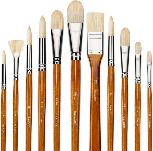 Fuumuui Oil Paint Brushes, 11pcs Professional Natural Hog Bristle Acrylic Paint Brush Set Perfect for Oil and Acrylic Painting with Long Handle