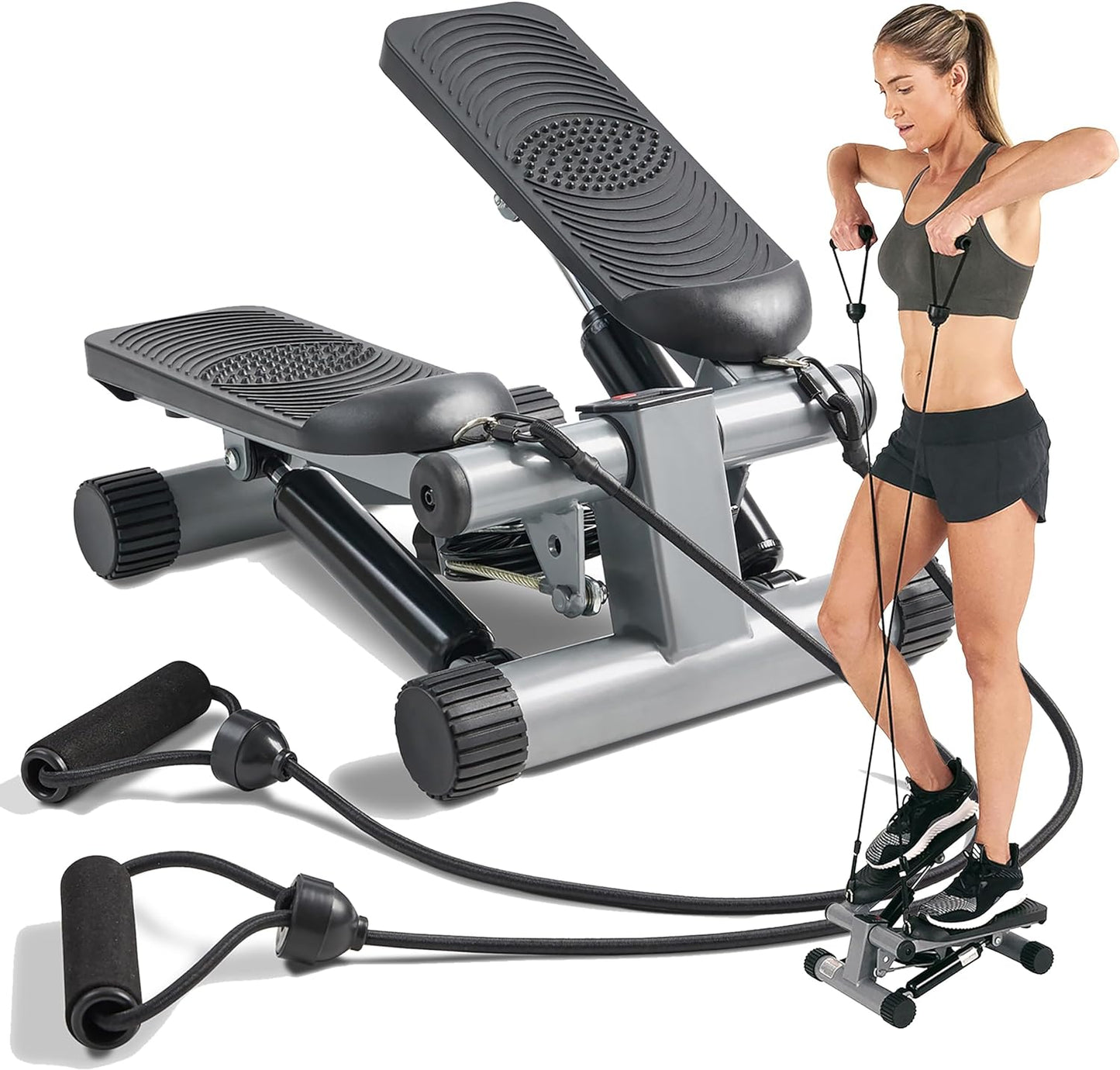 Sunny Health & Fitness Mini Steppers for Exercise at Home, Stair Step Workout Machine with Resistance Bands, Full Body Cardio Equipment, Optional Smart Stepper with SunnyFit App Connection